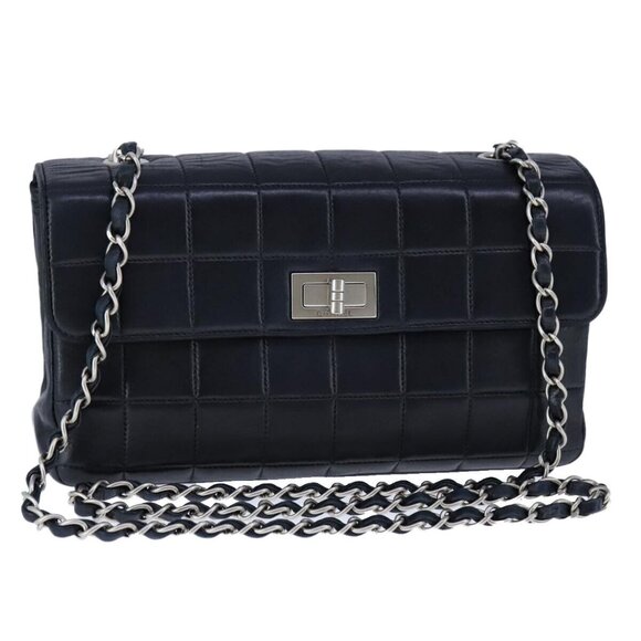 CHANEL Choco Bar Chain Shoulder Bag Lamb Skin Black CC Auth bs21132 - Picture 1 of 15